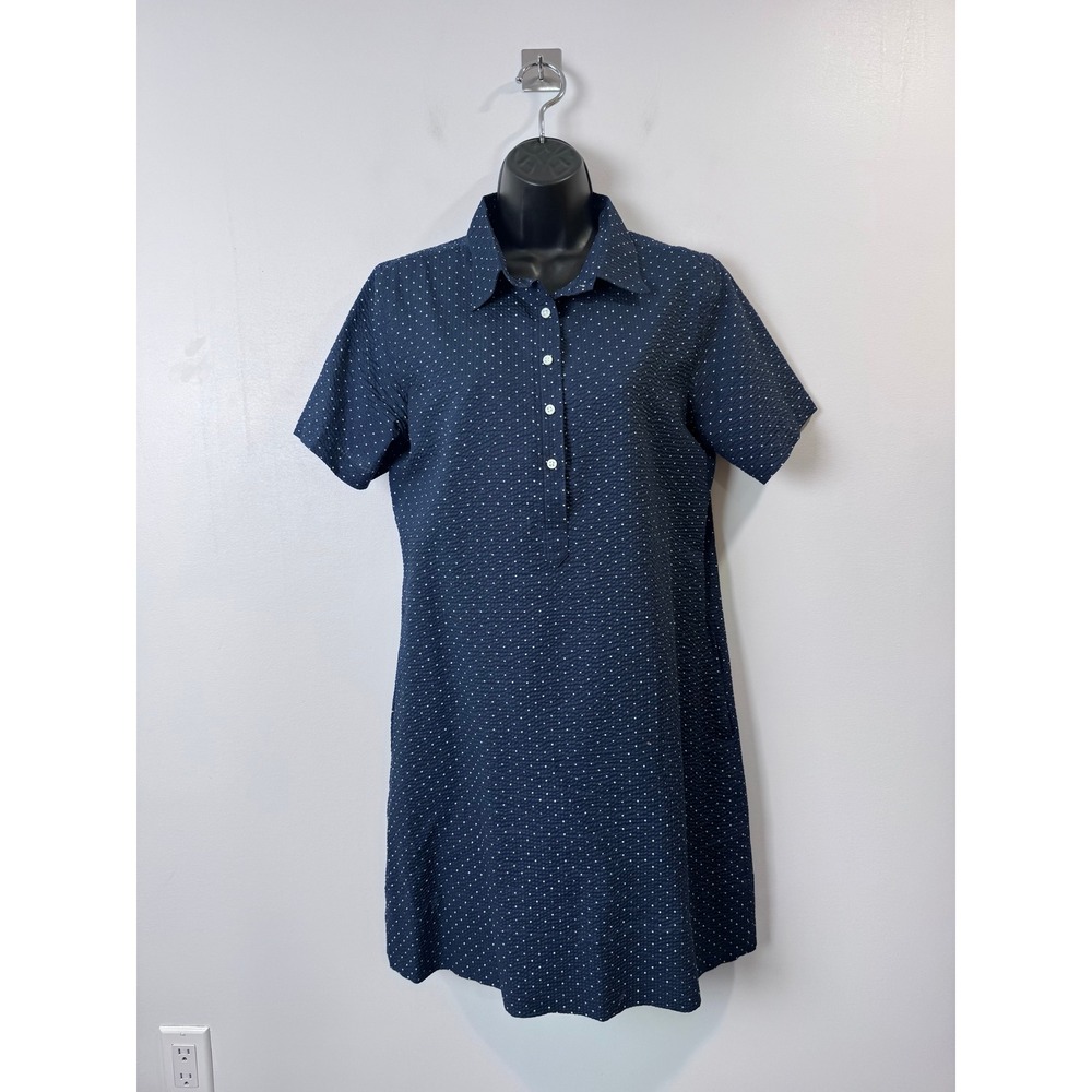 Ann Mashburn Women Navy Polka Dot Seersucker Shirt Dress Medium